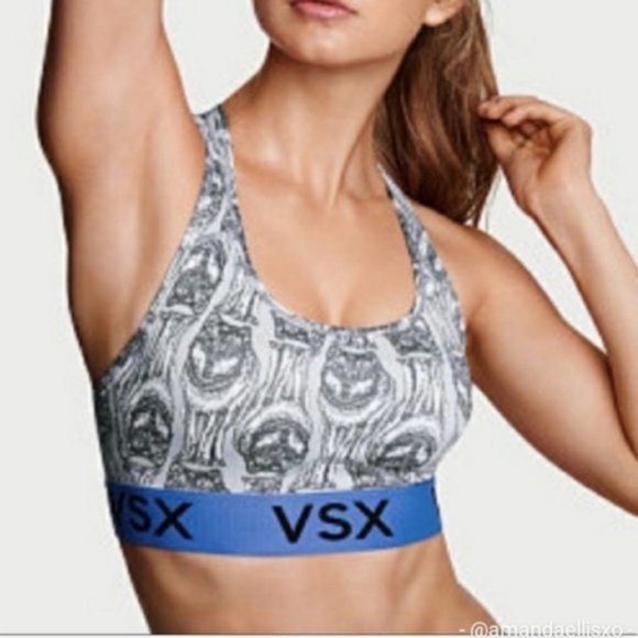 VICTORIAS SECRET SPORT The Player Standing Wolf Print Gray Blue Sports Bra - Picture 2 of 13